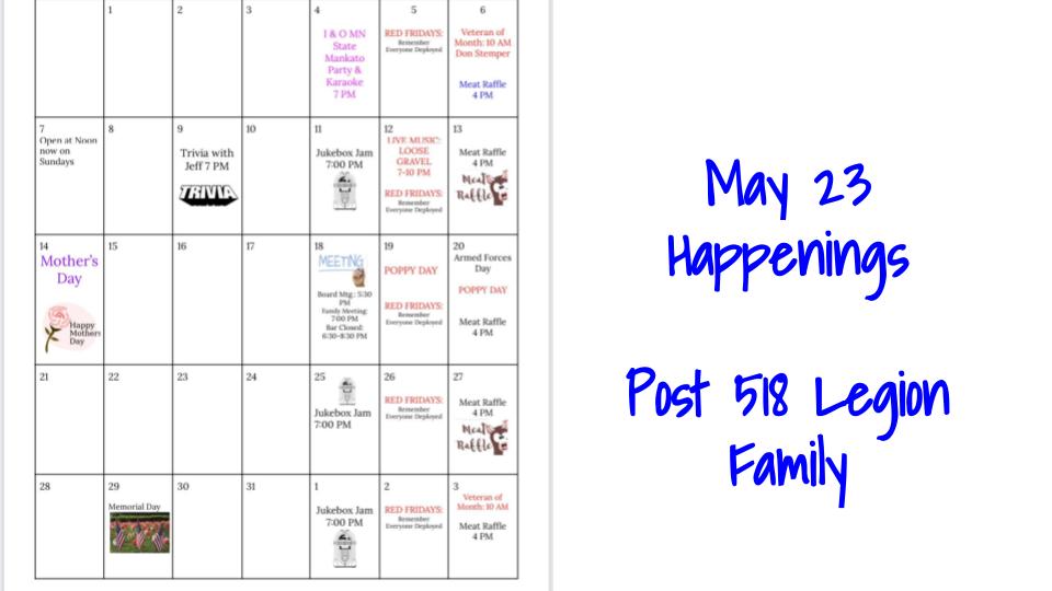 May 23 Calendar North Mankato Post 518