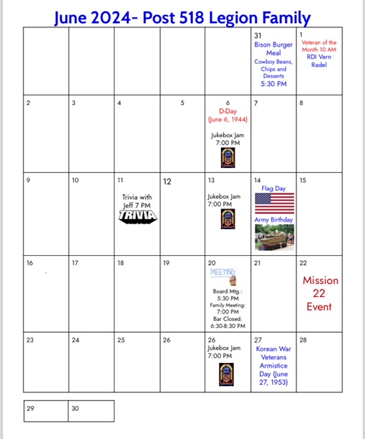 June 2024 Calendar of Events North Mankato Post 518